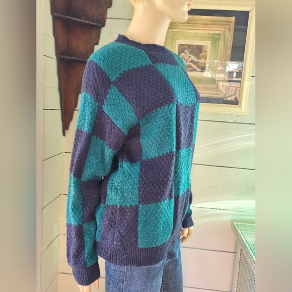 Wild Fable Navy And Teal Checkered Crew Neck  Acrylic/cotton Sweater Women's XS - Picture 3 of 6